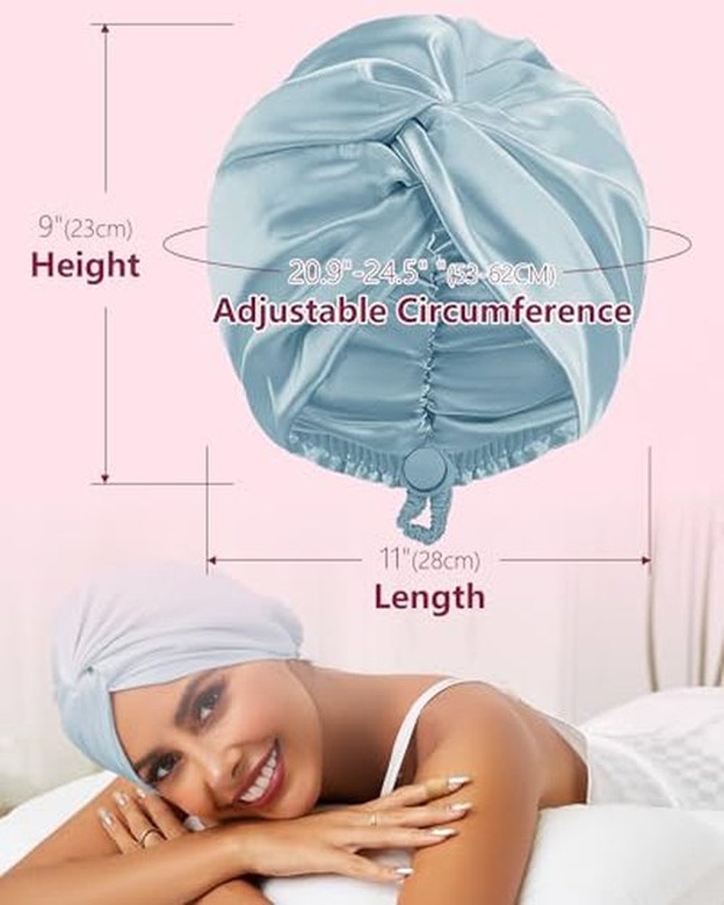 HFRHTGY Adjustable Silk Satin Hair Bonnet for Sleeping, Double Layer Hair Wrap Sleep Cap Turban for Women Men, Curly Straight Hair Long Large Braid Unisex (Aqua Blue 81)