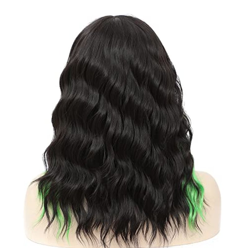 Black Wavy Bob Wig with Green Highlight, Short Wavy Wig with Bangs Highlight Bob Wig Black and Green Synthetic Wig for Women Cosplay Halloween Party Use 14 Inches(HL Green)