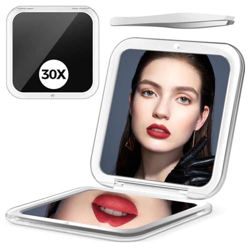 Compact Mirror, 30X Magnifying Mirror, Square Travel Makeup Mirror, 3.3x3.3 inch Small Pocket Mirror, 2-Sided Travel Essential Mirror, Women's Magnetic Portable Mirror with Precision Tweezers, Black
