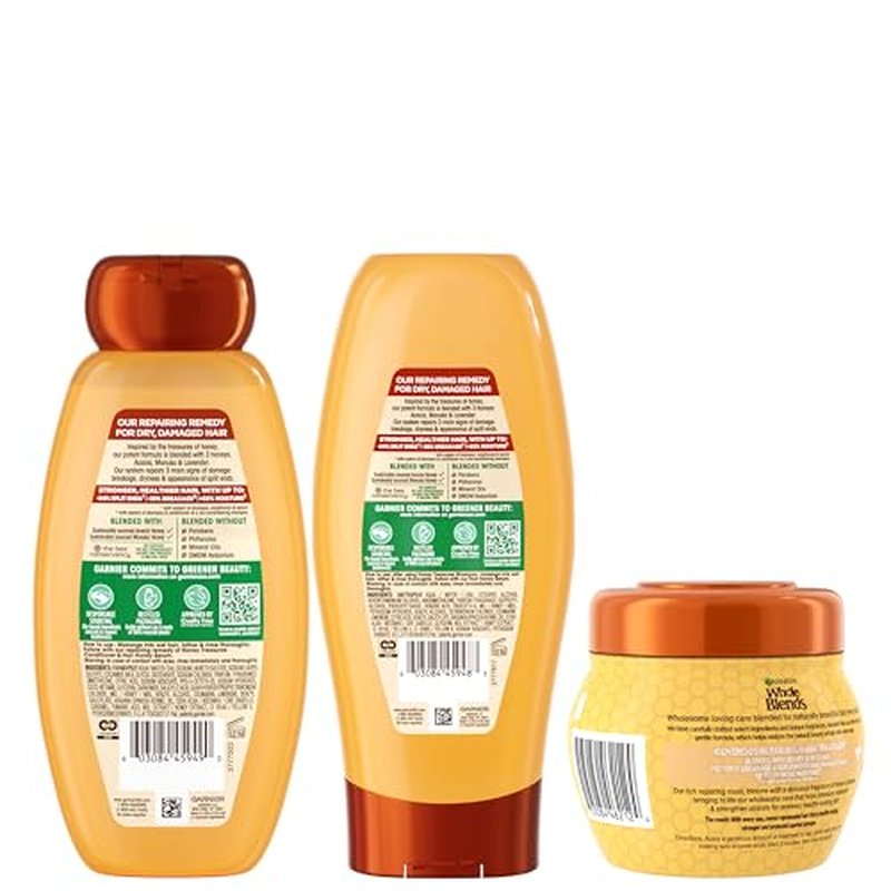 Garnier Whole Blends Honey Treasures Repairing Shampoo, Conditioner + Hair Mask Set for Dry, Damaged Hair (3 Items), 1 Kit (Packaging May Vary)