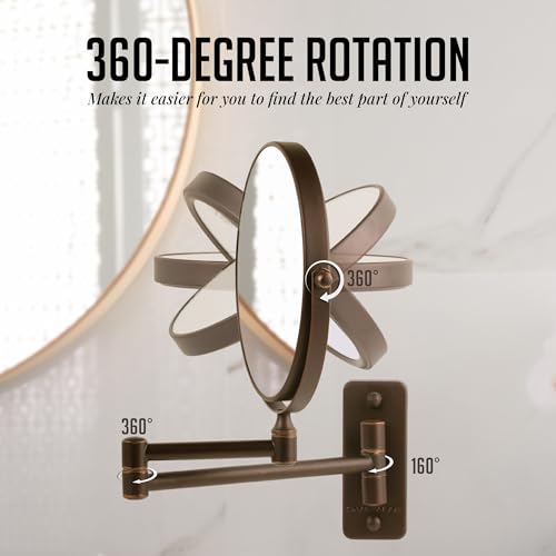 OVENTE 7" Wall Mounted Makeup Mirror with 1X/10X Magnification, Double Sided Magnifying Round Bathroom Vanity Mirror, 360° Swivel Design, Extendable and Folding Arm, Nickel Brushed MNLFW70BR1X10X