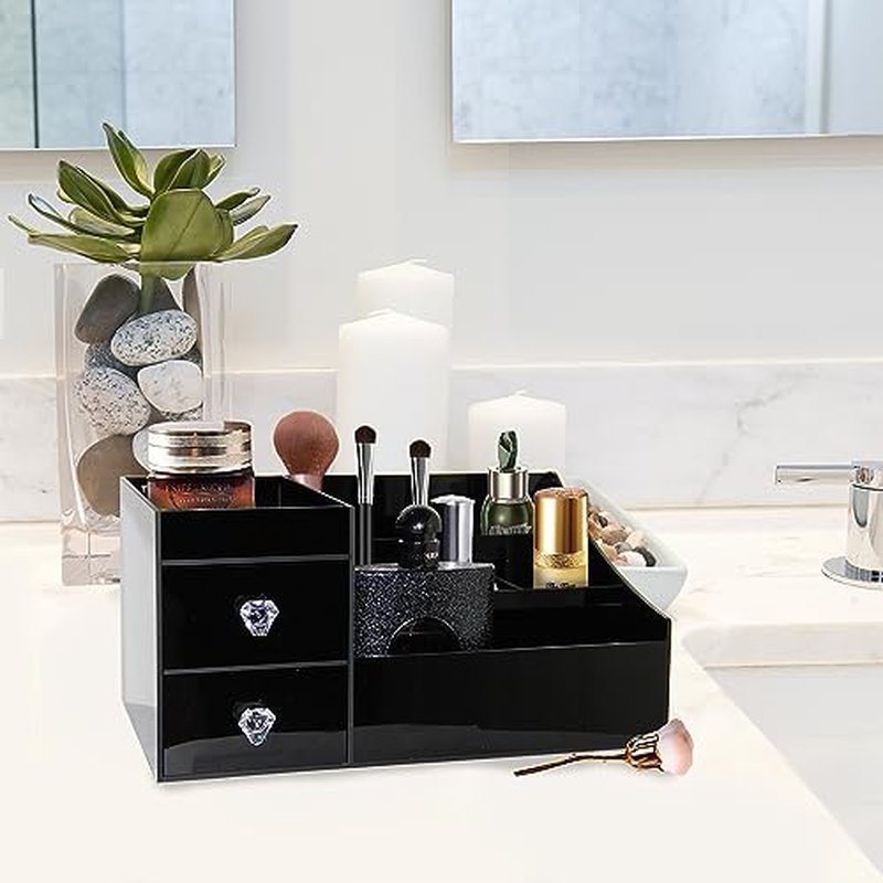 Simbuy Makeup Organizer for Vanity, Bathroom Countertop Organizer with Drawers for Cosmetics, Cologne, Skin Care Deodorant, Shaving Lotion (Black).