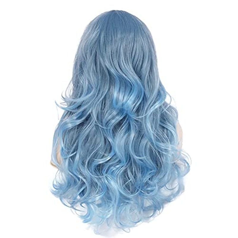 Beweig Blue Wig for Women Long Curly Wavy Pastel Blue Wig Side Part Synthetic Halloween Cosplay Wig with Wig Cap
