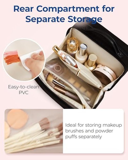 BAGSMART Travel Makeup Bag Large Capacity Cosmetic Bag, Wide-open Portable Make Up Bag Organizer for Women for Travel Essentials Travel-Size Toiletries Accessories Bottles, Brushes (Beige)