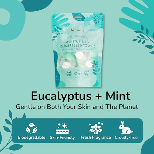 Eucalyptus and Mint Moisturizing Compressed Towel, Disposable Mini Tablets Cotton Coin Tissue, Water Activated Rejuvenating Towels for Travel, Camping, Gym, Home Portable Hand Wipe (Pack of 25)
