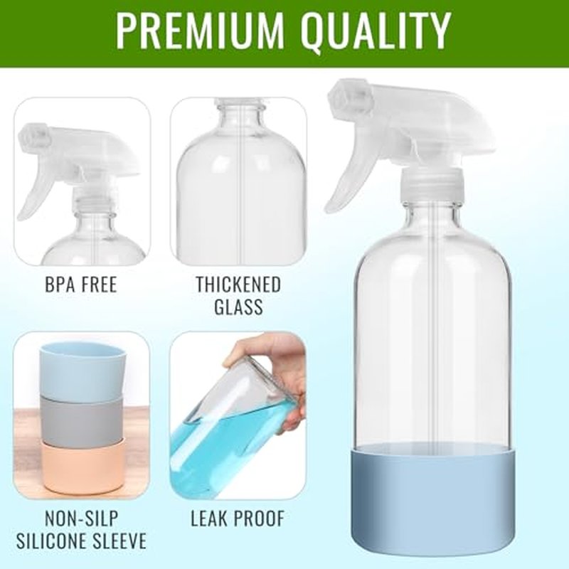 AuroTrends Glass Spray Bottles 16oz 1Pack, Empty Glass Spray Bottles for Cleaning, Glass Spray Bottle with Silicone Sleeve for Cleaning, Essential Oils, Plants(16fl.oz, 1Pack)
