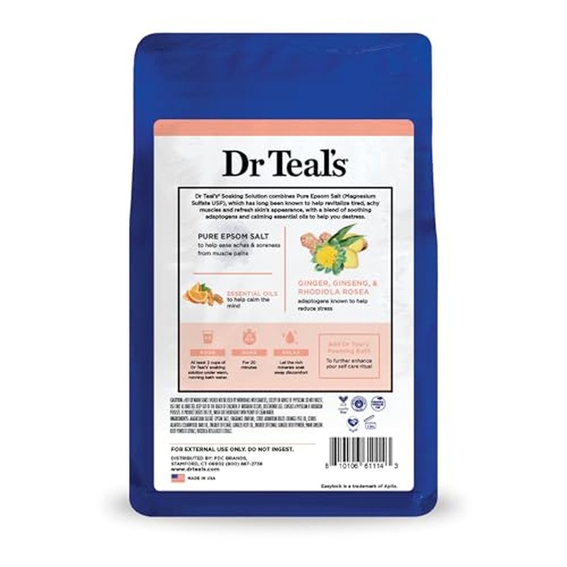 Dr Teal's Epsom Salt Magnesium Soak, Salt Stress Relief with Ginseng & Ginger Essential Oils, 3 lbs (Pack of 4)