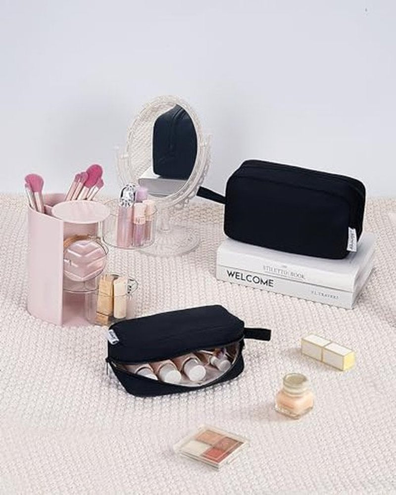 Narwey Small Makeup Bag for Purse Travel Makeup Pouch Mini Cosmetic Bag Zipper Pouch for Women (Dusty Rose Stripe, Small)