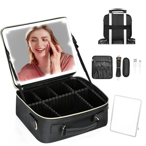TOPACK Travel Makeup Bag with Led Mirror and Portable Makeup Train Case Led Bags with Mirror Organizer Bag Travel Gifts for Her Women Bestie Black