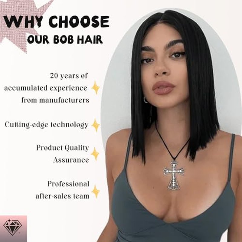SUKRI Black Bob Wigs for Women Short Straight Bob Wigs with Bangs Middle Part Synthetic Cosplay Costume Party Wigs