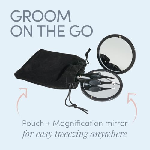 Tweezer Guru Pro Illuminating Eyebrow Tweezers for Women & Men Professional Stainless Steel Slanted Tweezers with LED Light Mirror Pouch Precision Tweezers for Brow Facial Hair Ingrown Hair Silver