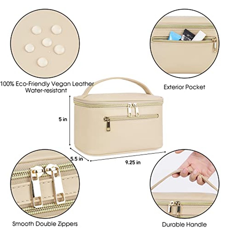 Wandering Nature Makeup Bag, Travel Make Up Organizer Cosmetic Brush Bags Case for Women in Vegan Leather, Beige(Patent Pending)