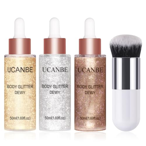 UCANBE Face Body Glitter Liquid Highlighter Illuminator Dewy Drops with Makeup Brush, Makeup Sparkle Shine Luminizer Enhancer Skin Tint 50ml/1.69oz (01 Champagne Gold, Standard)
