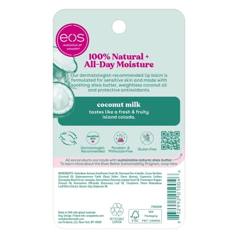 eos 100% Natural Lip Balm- Coconut Milk, All-Day Moisture, Made for Sensitive Skin, Lip Care Products, 0.25 oz (Pack of 2)