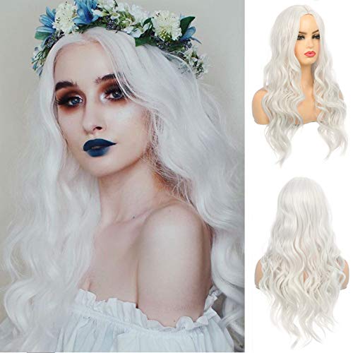Wiwige Women Long Curly Wavy White Wigs Synthetic Heat Resistant Halloween Costume Cosplay Hair Wig with Wig Cap