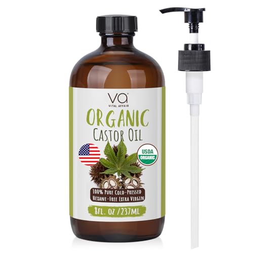 VITAL AFFAIR Castor Oil Organic Cold Pressed Unrefined Glass Bottle- USDA Certified Organic Castor Oil For Castor Oil Pack Wrap-Castor Oil For Skin, Hair Growth, Eyelashes, Eyebrows & Nails-8 Fl Oz