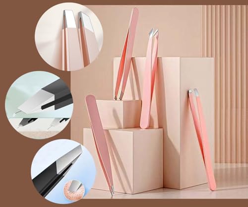 [9+1 PCS] Tweezer Kit, Tweezers for Women Facial Hair, Professional Tweezers Set, Eyebrow Tweezers, Professional Stainless Steel Eyebrow Tweezers for Women &Men (Pink)