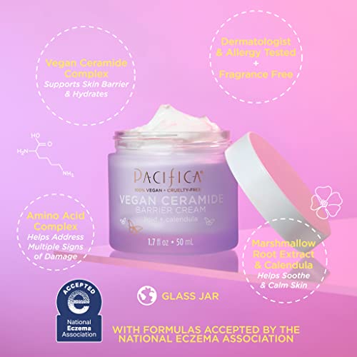 Pacifica Face Cream - Vegan Ceramide Barrier Cream w/Niacinamide & Shea Butter - Hydrating Daily Face Moisturizer Fragrance Free for Sensitive Skin, Vegan, Clean Beauty Allergy & Dermatologist Tested