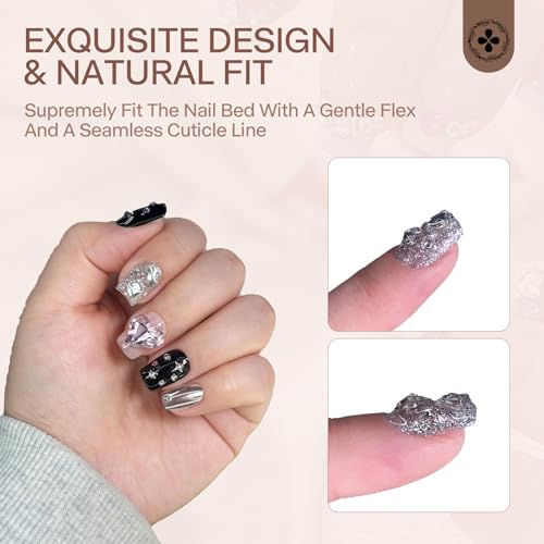Ricefod Press on Nails Handmade Black Pink Fake Nails Press on False Nails Short Reusable Luxury Nails with Pink Love Diamond, Size:Medium
