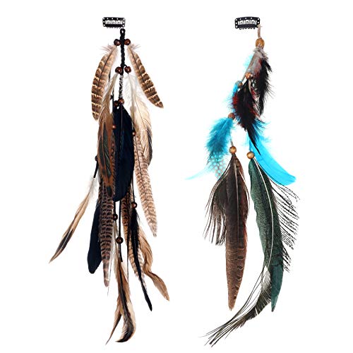 2Pcs Feather Hair Clip-in Extensions for Women Halloween Cosplay Costume Carnival Party Headdress, Handmade Bohemian Hippie Hair Clip Comb, Mixed Peacock Pheasant Tails Feather Clips Black Brown