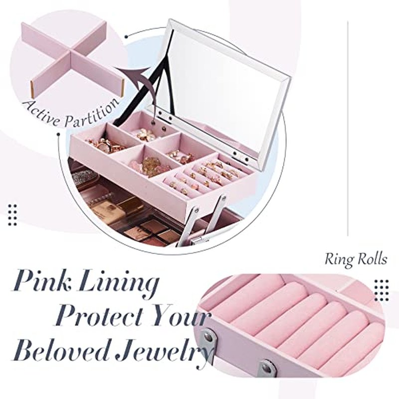 FRENESSA Makeup Train Case Cosmetic Case Organizer Portable Makeup Box 2 Trays with Lockable Mirror Makeup Storage Organizer for Girls Makeup Artist Makeup Tools Travel Makeup Case Glitter Pink