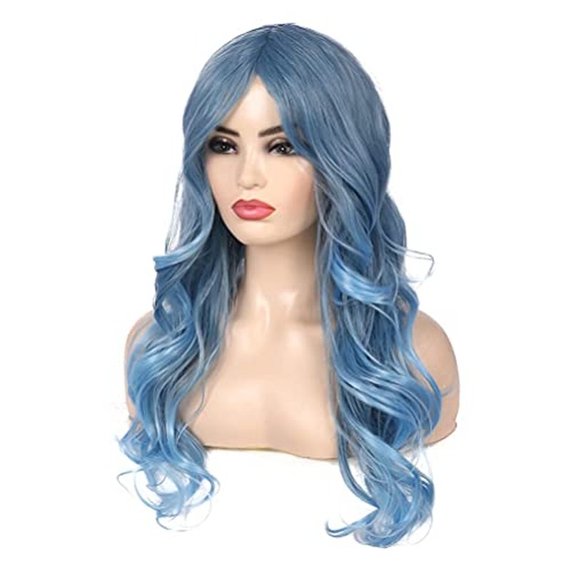 Beweig Blue Wig for Women Long Curly Wavy Pastel Blue Wig Side Part Synthetic Halloween Cosplay Wig with Wig Cap