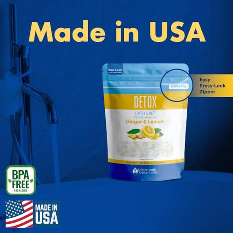 Detox Bath Salt 32 Ounces Epsom Salt with Natural Ginger and Lemon Essential Oils Plus Vitamin C in BPA Free Pouch with Easy Press-Lock Seal