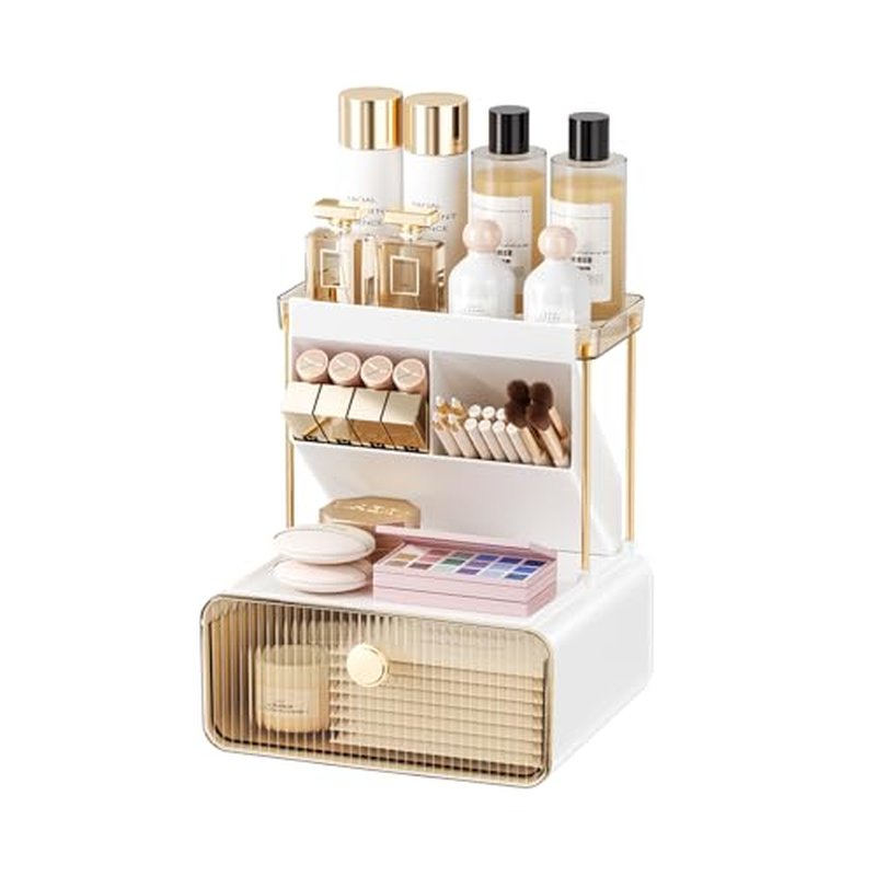 Anlynwooh Makeup Organizer with Drawer, Bathroom Organizers and Storage，Makeup Brush Holder,Lipstick and Perfume Organizer,Cosmetic and Vanity Organizer,Desk Organizer (AMBER)