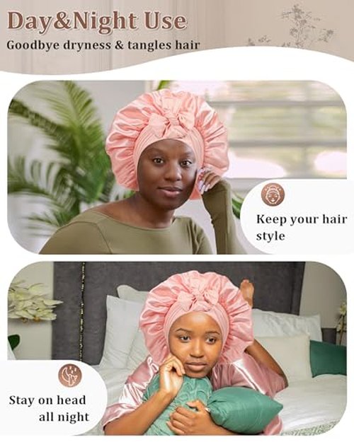 Reversible Satin Bonnet for Sleeping Women Silk Bonnet Double Layer Hair Bonnet with 2PCS Hair Scrunchies Elastic Tie Band Night Cap Hair Wrap for Natural Curly Hair (Apricot Powder+Champagne)