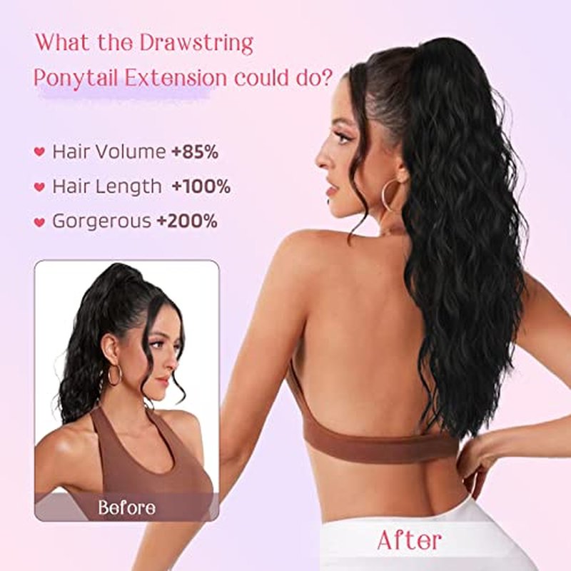 HOOJIH Ponytail Extension, Drawstring Ponytail Hair Extensions 22 Inch Long Curly Wavy Ponytail Natural Wavy Synthetic Hairpiece for Women Daily Use - Black Brown