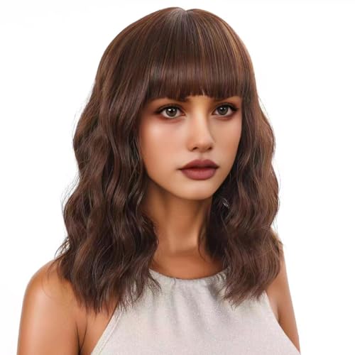 WEIWENHEE Short Wave Curly Bob Wig With Bangs-14 inch, Black Mixed Brown,Short Bob Wigs, Synthetic Wigs For Women, Natural Looking Heat Resistant Fiber Wigs