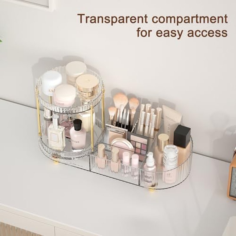 Makeup Organizer Countertop for Vanity with 360 Rotating Perfume Trays, 7-Compartment Skincare Organizers and Make Up Desk Storage, Cosmetic Organizer with Brush Holder for Bedroom Bathroom Counter