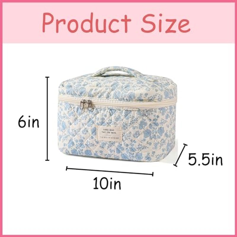 uekeboag Large Travel Quilted Makeup Bag for Women, Floral Cotton Cosmetic Bag, Coquette Aesthetic Floral Toiletry Organizer Bag(12Striated Cherry