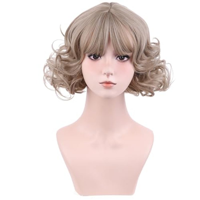 MAGQOO Ash Blonde Wig with Bangs Women Girls Short Curly Wavy Fluffy Wig Blonde Hair Wigs Halloween Cosplay Costume Party Wig