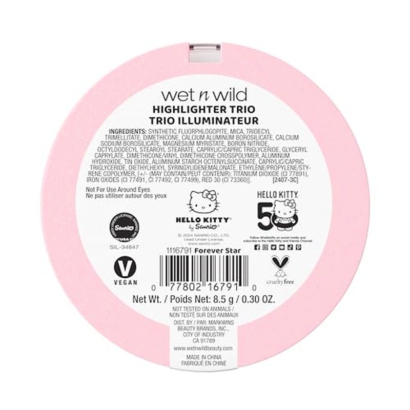 wet n wild Hello Kitty Highlighter Trio, Multi-Dimensional Glow with Iridescent Pearls, Silky-Smooth Buildable & Blendable Formula, Cruelty-Free & Vegan - Forever Star