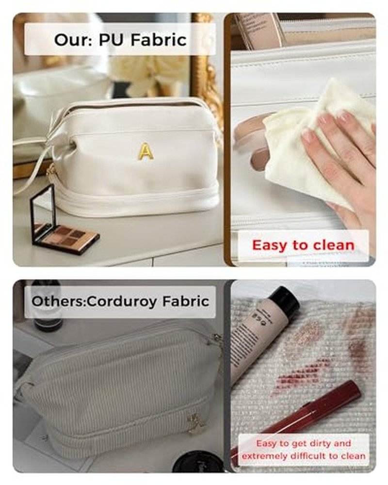 Vogewood Initial Makeup Bags for Teens Girls, Personalized Double Layer Cosmetic Bag with Makeup Brush Organizer, Large Capacity PU Leather Travel Toiletry Bag, Gifts for Friends Female Mom