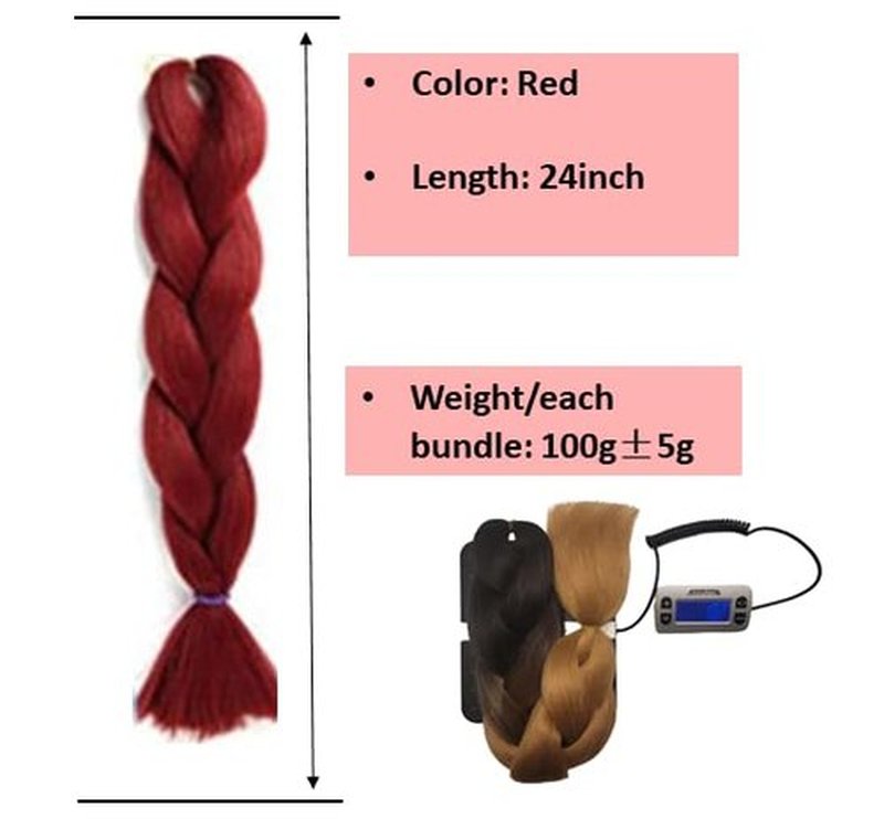 Braiding Hair Extension Jumbo Ombre Colorful for Crochet Braiding 6 Packs (High temperature, Synthetic Fiber, 24 inches) (6 Bundles, Red)