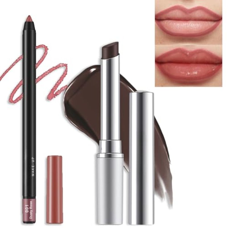 2Pcs Tinted Lip Balm and Lip Liner Set - Moisturizing Lip Crayon and High Shine Gloss, Ultra-Long-Lasting Matte Finish, Ideal Essential Set for Everyday Makeup(#1 DUSTY ROSE)