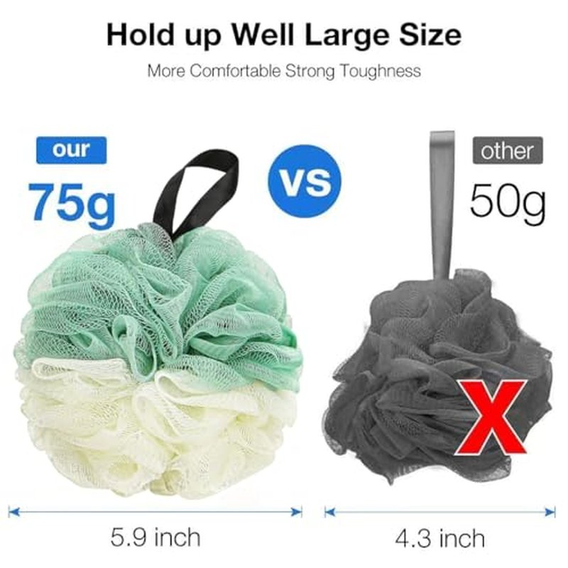 DadyMart Bath Shower Loofah Sponge 75g Bath Mesh Pouf Shower Ball Body Scrubber Exfoliating Bath Sponge for Women and Men, Set of 4,Blue & White