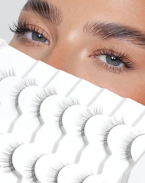 Fairy Strip Lashes That Look Like Extensions Clear Band False Eyelashes Natural Look 3D Volume Lashes Short Wispy Fake Eyelashes Pack 7 Pairs 10MM