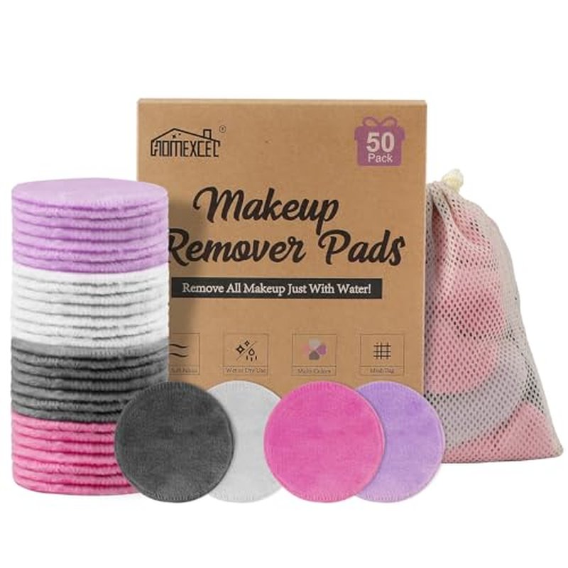 HOMEXCEL Reusable Makeup Remover Pads 50 Pack-Makeup Remover Cloth Face Pads for Facial Cleansing-Soft Cotton Rounds for All Skin Types with Laundry Bag (Grey-White-Purple-Pink)