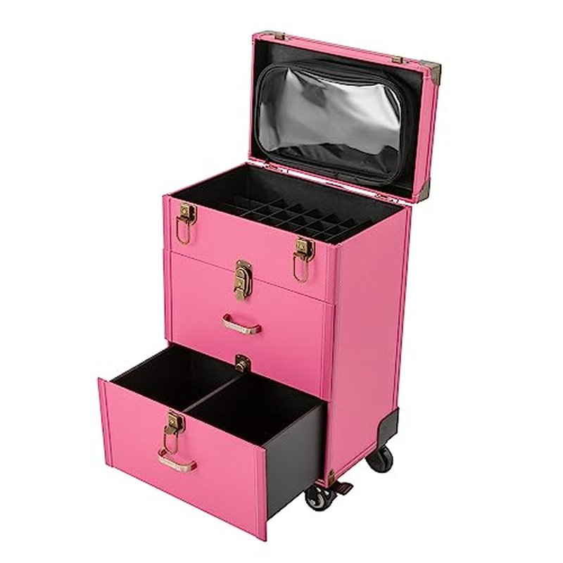 PalaUha Rolling Makeup Train Case Professional Cosmetic Organizer Trolley with Drawers Compartment Nail Case Wheeled Manicure Pedicure Storage Case for Hair Stylists Makeup Artists (Pink & Copper)
