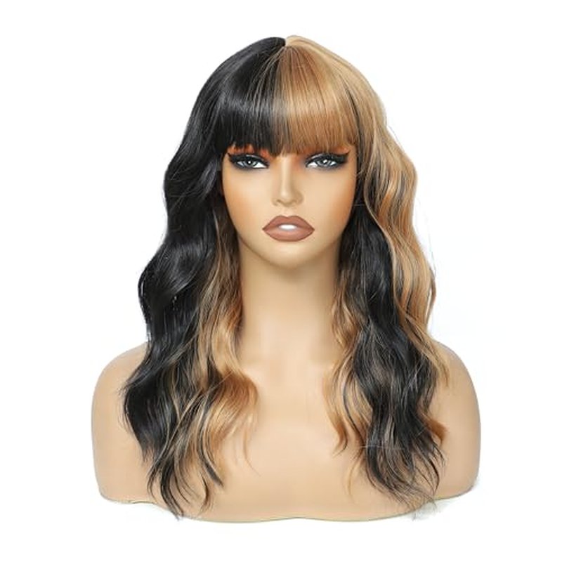 Black Wig With Bangs Long Wavy Wig for Women Curly Wavy Hair Wigs Heat Resistant Synthetic Curly Natural Black Wigs Hair Replacement Wigs for Girls Daily Party Use 24inch(Black)