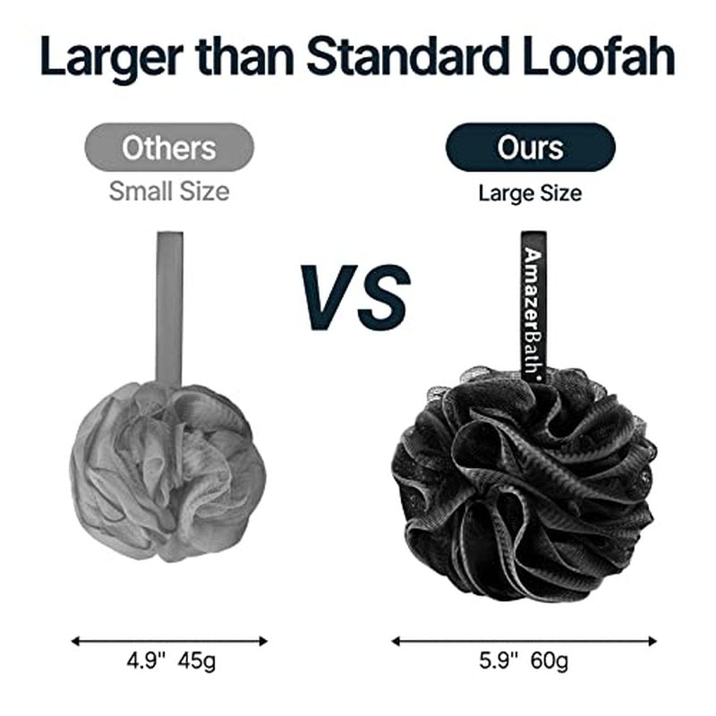 AmazerBath Loofah Sponge, Shower Loofah for Men and Women - Body Scrubber Loofa Set of 3 Classic Black & White Edge, Bath Sponge 60g/PCS