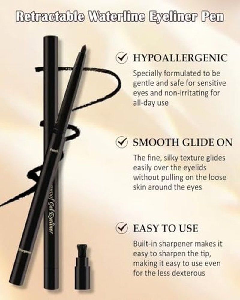 Black Mascara & Eyeliner Set for Older Women 60 Plus, Tubing Mascara Volume and Length, Cream Waterline Eyeliner Gel Pencil, for Thinning Lashes, Sensitive Eyes, Waterproof Smudge Proof Long Lasting