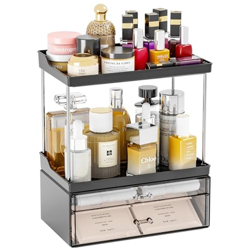 Yieach 2 Pack Clear Makeup Organizer With Drawers - Stackable Design,14.5" Tall Large Capacity - Suitable as Bathroom Counter Organizer,Vanity Beauty Organizer,Dresser Top Organizer for Bedroom