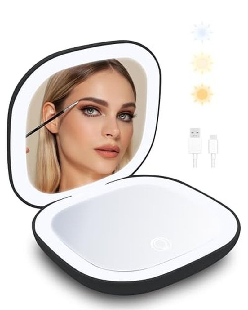 LHQOO LED Magnifying Travel Mirror 1/5x Portable Desktop Mirror - Magnifying Portable Double-Sided Dimmable USB Charging Touch Screen for Travel, Daily Commute and Dating (Black)