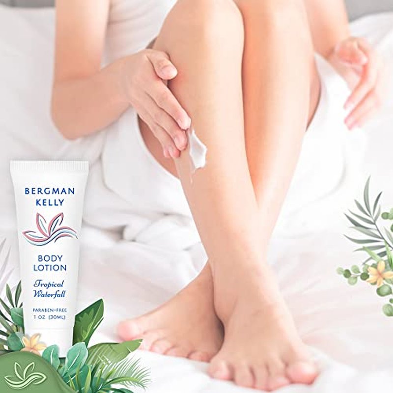 BERGMAN KELLY Hotel Toiletries Bundle (Tropical Waterfall, 1 oz each, 40 Pcs) 4-Piece Set: 10 Rectangular Bar Soap, 10 Shampoo, 10 Conditioner & 10 Body Lotion - Bulk Mini Guest Amenities Supply