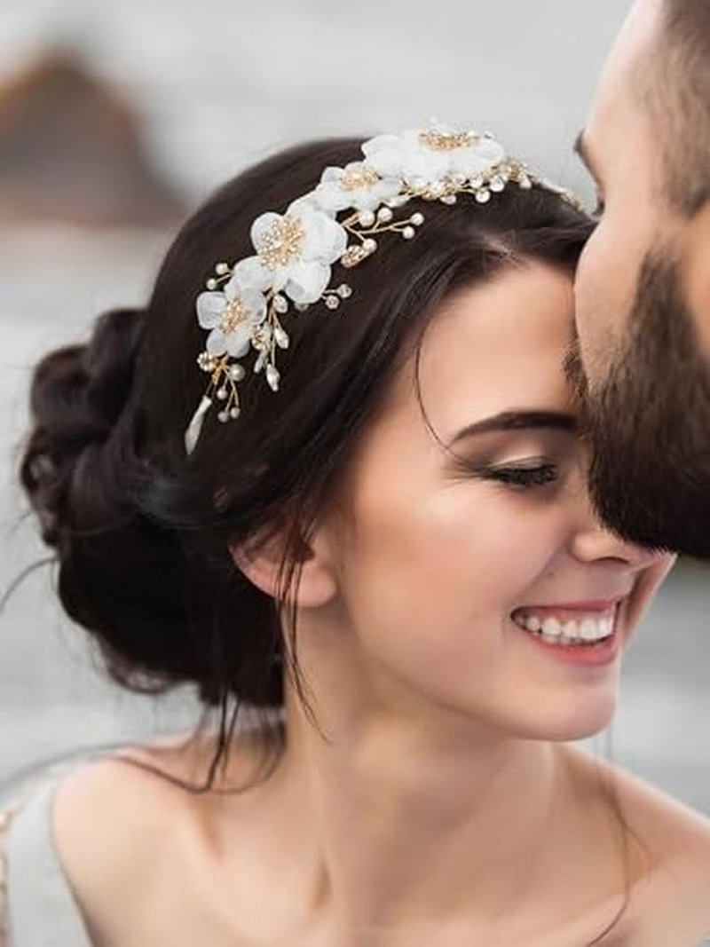 SWEETV Flower Wedding Headpieces for Bride Rhinestone Bridal Headband handmade bride hair vine wedding hair piece for bride hair accessories for Women and Girls Gold