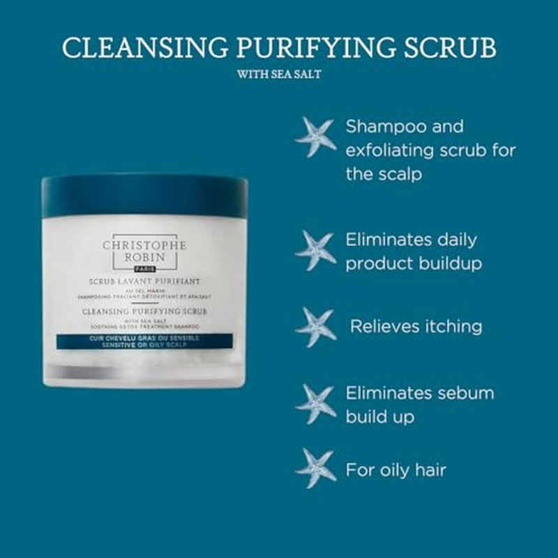 Christophe Robin Cleansing Purifying Scrub with Sea Salt for Oily and Itchy Scalp Detox 250ml (Low Dioxane)